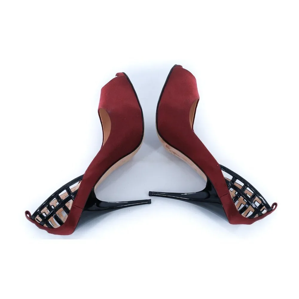 GIUSEPPE ZANOTTI Burgundy Caged Satin Peep Toe Pumps Heels